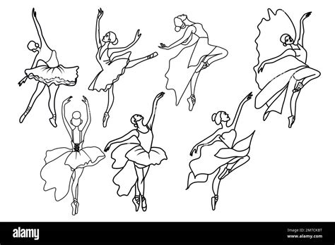 Watercolor Dancing Ballerina Black Lines Set Isolated Dancing