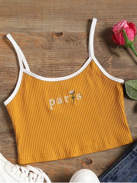 16 Off 2021 Embroidered Ribbed Crop Cami Top In Ginger Zaful