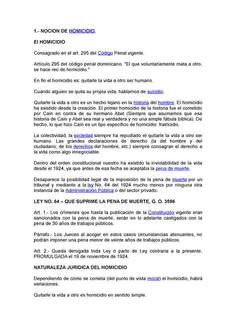 El Homicidio Derecho Penal Especial 1 Nocion De Homicidio El