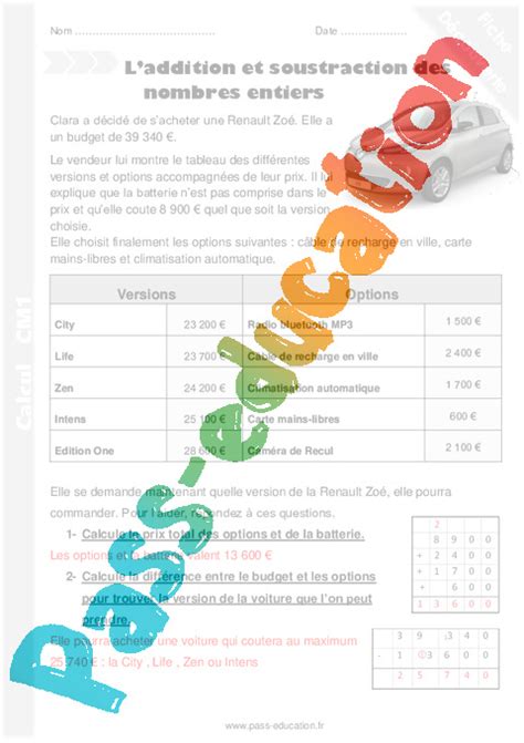 Addition Et Soustraction Des Nombres Entiers Cm Exercices Avec