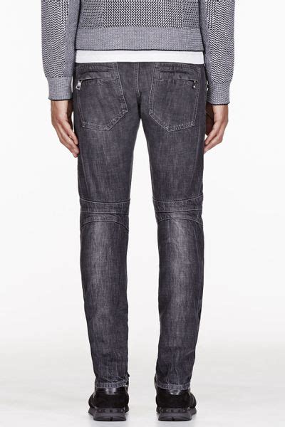 Balmain Grey Ripped And Ribbed Biker Jeans In Gray For Men Grey Lyst