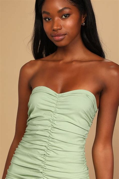 Flirty Hour Sage Strapless Ruched Bodycon Mini Dress Bodycon Mini