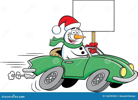 Cartoon Happy Snowman Driving A Sports Car While Holding A Sign Stock