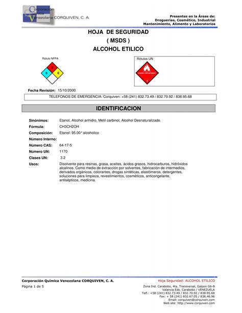 HOJA DE SEGURIDAD ALCOHOL ETILICO MSDS