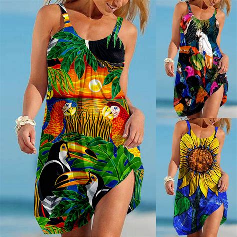 Sunflower Parrot Print Strap Mini Beach Dress Women Boho Summer Sexy