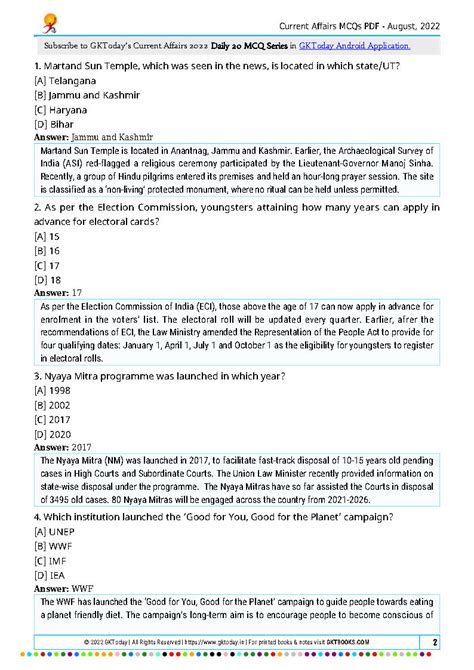 Gk Today Current Affairs Monthly Quiz Compilation August English Medium