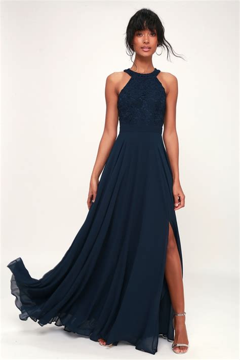 Elegant Navy Blue Maxi Dress Lace Dress Halter Maxi Dress