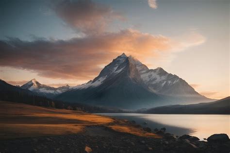 Premium Photo Majestic Mountain Peak Back Lit By Sunset Near Lake