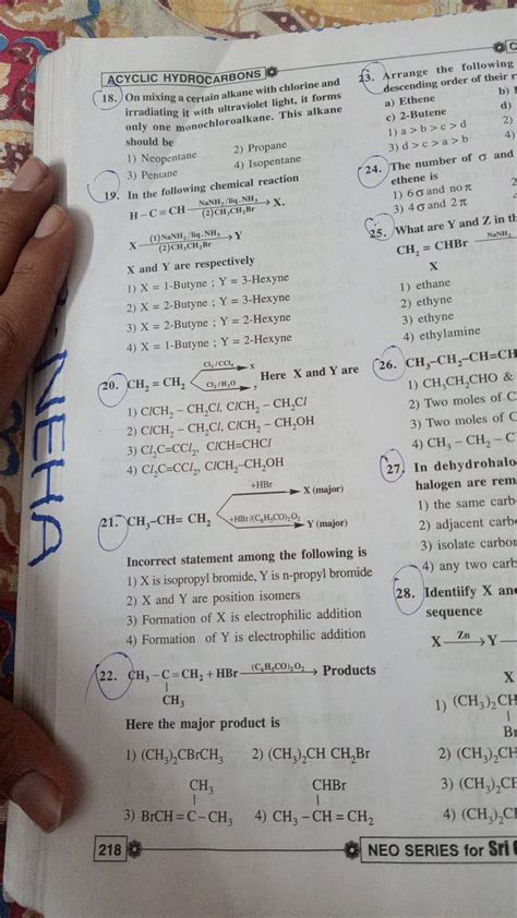 Acyclic Hydrocarbons 18 On Mixing A Certain Alkane With Chlorine And Irr