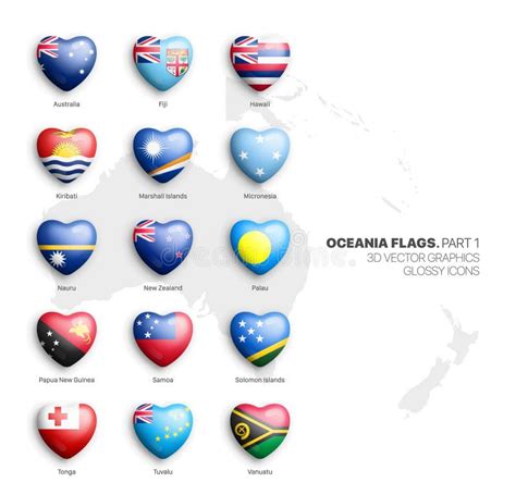 Oceania Countries Flags 3D Heart Vector Glossy Icons Set Isolated On