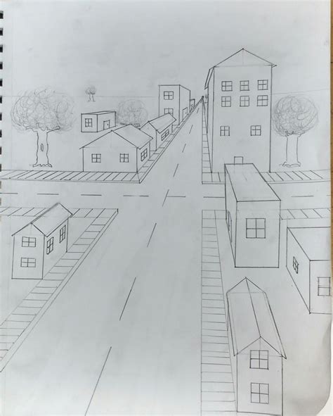 First Point Perspective Town 1 Point Perspective Drawing Perspective