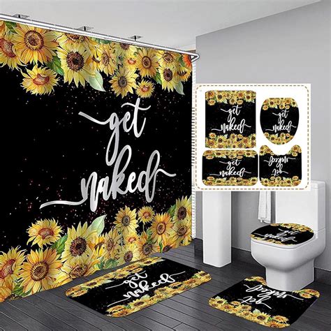Pcs Get Naked Sunflower Shower Curtain Sets Floral Green Bathroom Set Decor With Non Slip Rugs