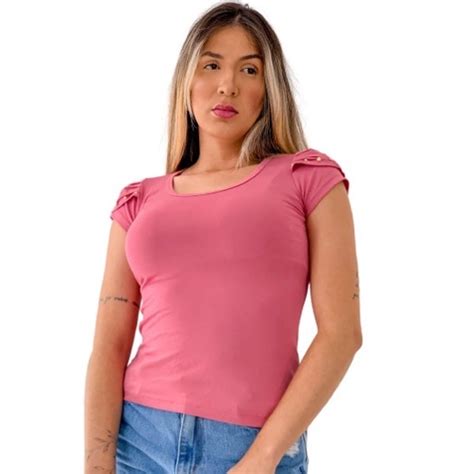 Kit Blusa Feminina B Sica T Shirt Detalhe Na Manga Escorrega O Pre O