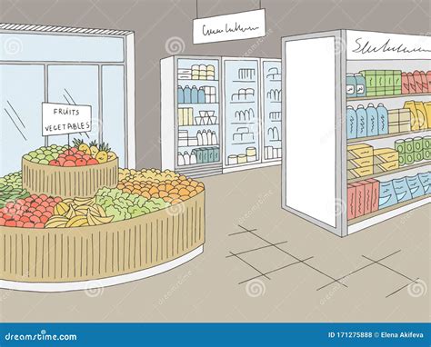 Grocery Store Graphic Shop Interior Color Sketch Illustration Vector