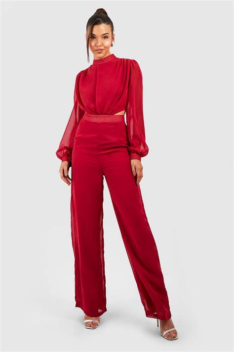 Chiffon Cut Out Detail Wide Leg Jumpsuit Boohoo