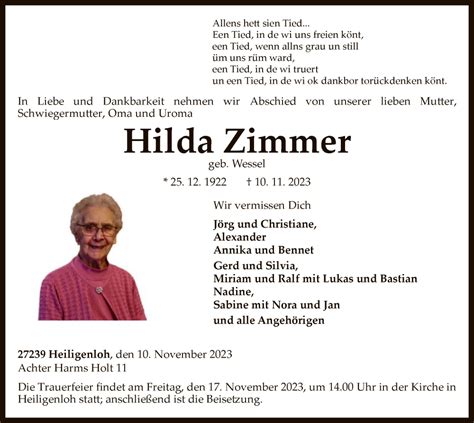 Traueranzeigen Von Hilda Zimmer Trauer Kreiszeitung De