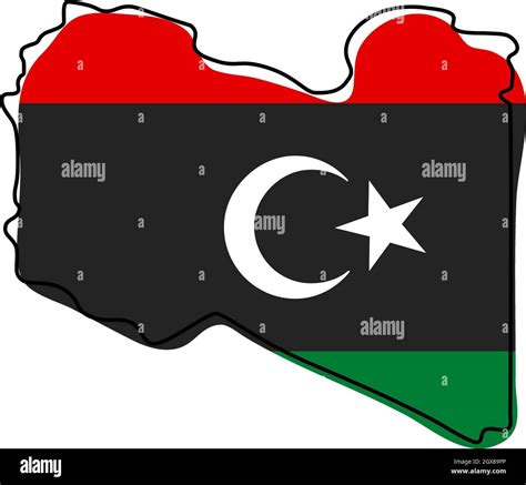 Stylized outline map of Libya with national flag icon. Flag color map ...