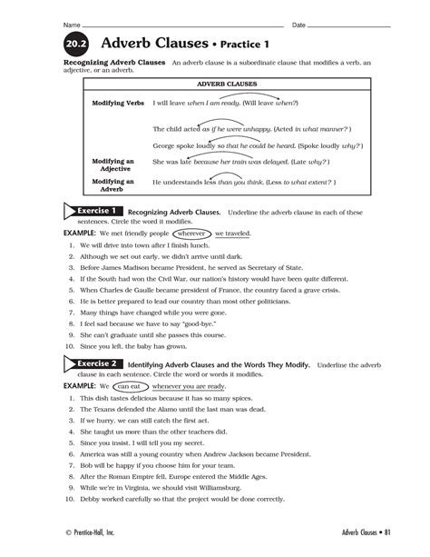 Exercises Of Adverb Clause Part 2 Name Date 20 Adverb Clauses