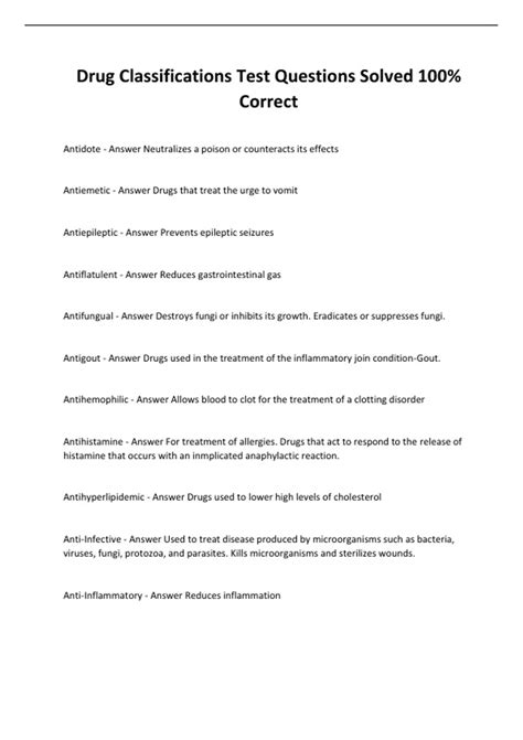 Drug Classifications Test Questions Solved 100 Correct Drug