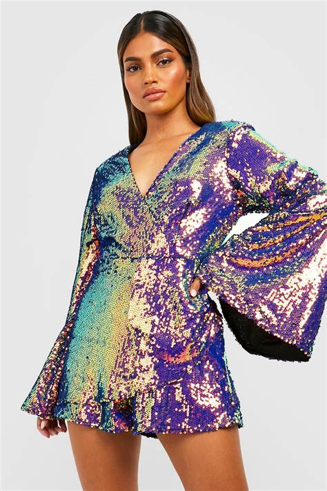 Sequin Flare Sleeve Wrap Playsuit Boohoo