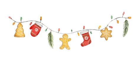 Watercolor Vector Christmas Garland With Lights And Ts Stock