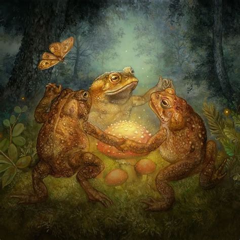 Two Frogs Playing With Each Other In The Forest At Night One Frog Has