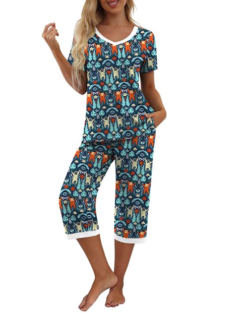 Mintreus Womens Sleepwear Capri Pajama Sets Short Sleeve Two Piece Pjs