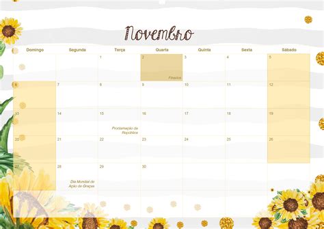 Calendario Mensal Girassol Novembro Fazendo A Nossa Festa