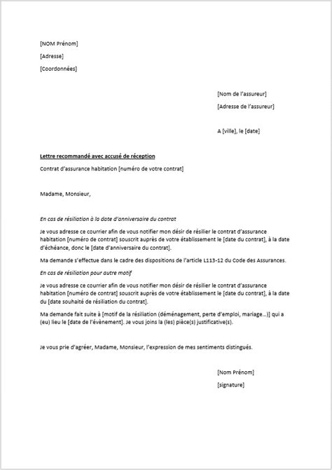 Modèle De Lettre De Résiliation Assurance Habitation Teksural