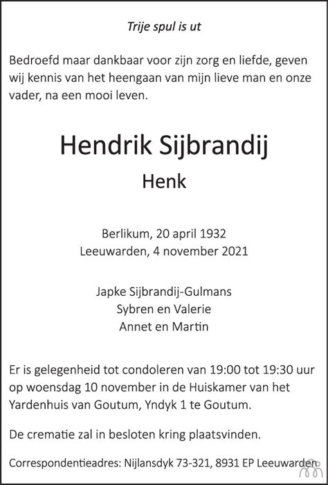 Hendrik Henk Sijbrandij 04 11 2021 Overlijdensbericht En Condoleances