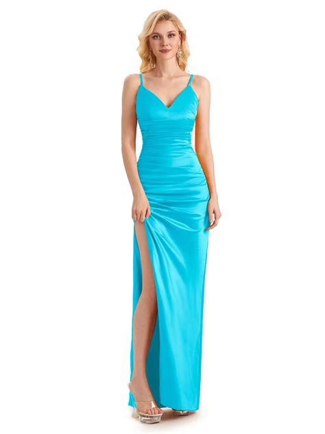 Sexy Spaghetti Straps Side Slit Soft Satin Long Mermaid Evening Prom