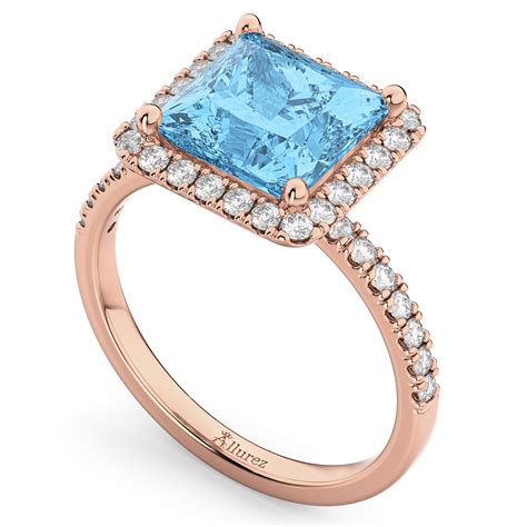 Princess Cut Halo Blue Topaz Diamond Engagement Ring K Rose Gold