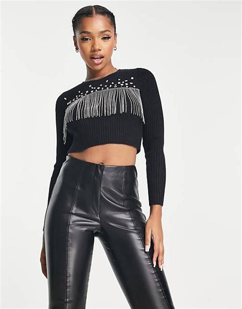 Miss Selfridge Embellished Rhinestone Fringe Knit Sweater In Black Asos