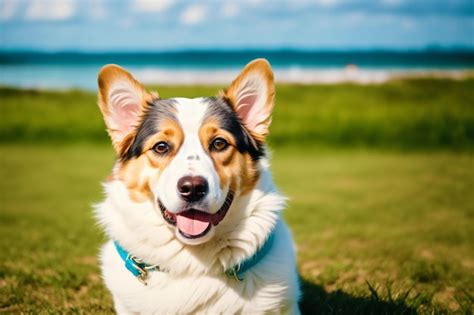 Um Cachorro Deitado Na Grama A Praia Ao Fundo Foto Premium