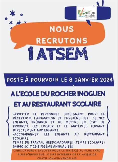 La commune recrute un e ATSEM Châtillon en Vendelais