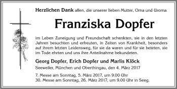 Traueranzeigen von Franziska Dopfer Allgäuer Zeitung