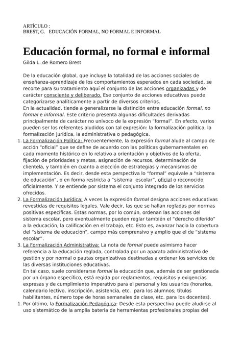 Educacion Formal No Formal E Informa Art Culo Brest G Educaci N