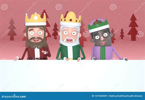 Three Magic Kings Holding A Big White Placards In A Red Forest3d