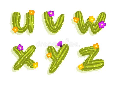 Latin Alphabet Of Green Cactus With Blooming Flowers And Lowercase