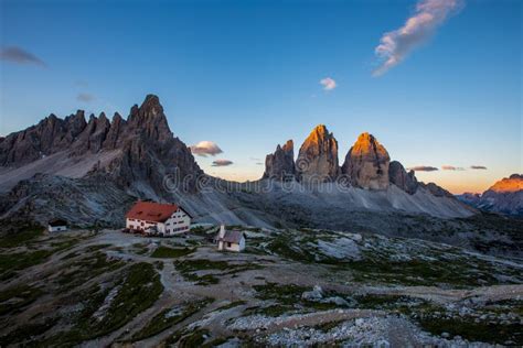 Tre Cime And Rifugio Hut At Sunrise In Summer In Dolomites Italy Stock