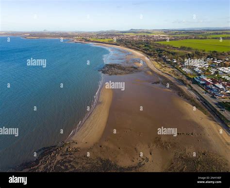 Aerial View From Drone Of Seton Sands Beach And Coast At Port Seton