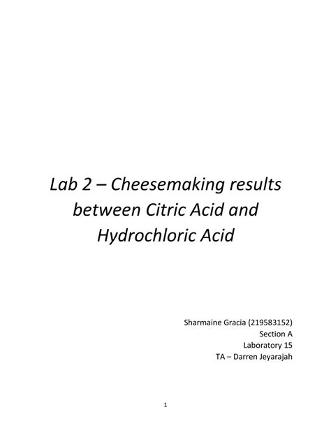 Cheesemaking Lab Lab 2 Cheesemaking Results Between Citric Acid And