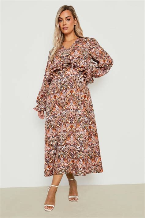 Plus Paisley Plunge Ruffle Midaxi Dress Boohoo Uk