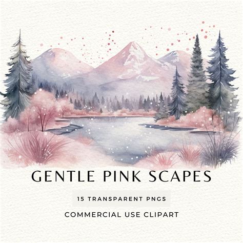 Dreamy Pink Winter Landscape Watercolor Mountain Landscape Clipart