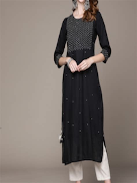 Buy Ishin Women Black Ethnic Motifs Embroidered Mirror Work Kurta