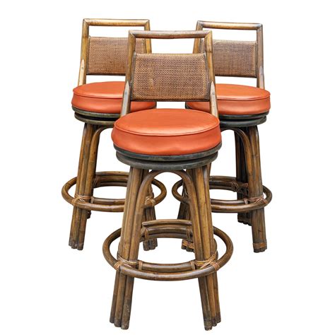 Vintage Boho Chic Rattan Wicker Back Swivel Bar Stools Set Of 3 Scranton Antiques