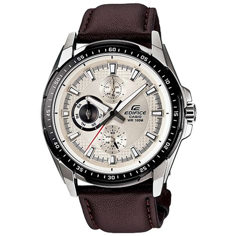 Casio Ef L A Men S Edifice Black Bezel Silver Dial Brown Leather