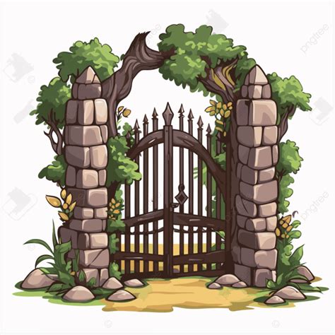 Gate Clipart Cartoon Gate With Rocks And Trees Vector Gate Clipart