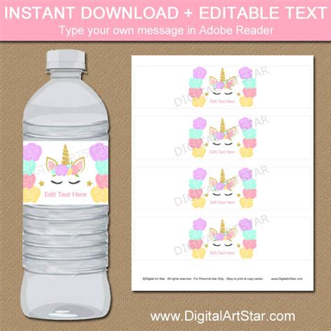 Unicorn Water Bottle Labels Unicorn Water Bottle Stickers Unicorn Birthday Designs For Girls