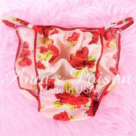 Sheer CHIFFON Red Roses Ivory Floral Print Sheer Sissy Mens String Bikini Panties S XXL